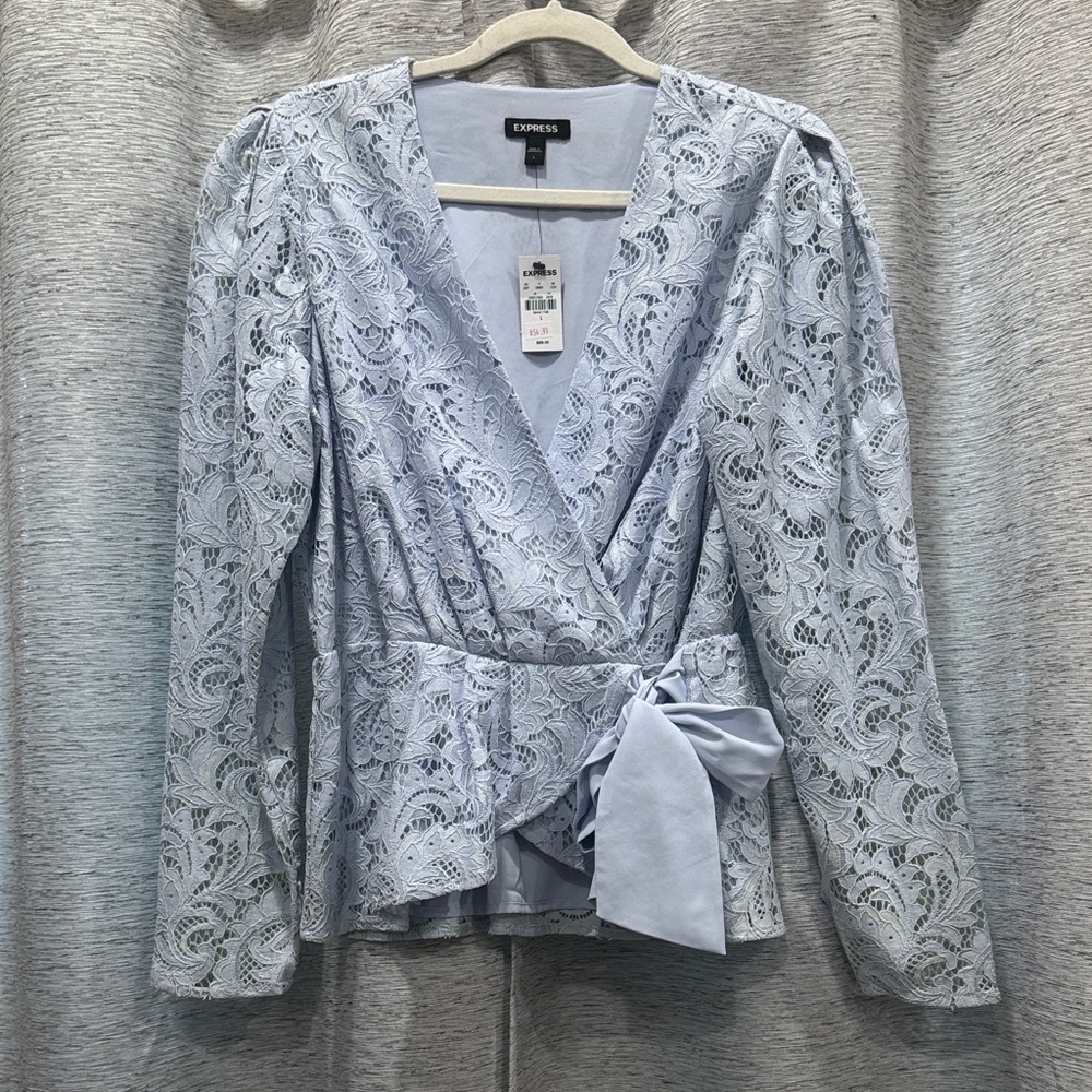 Express Scalloped Lace Wrap Top in Pale Blue
